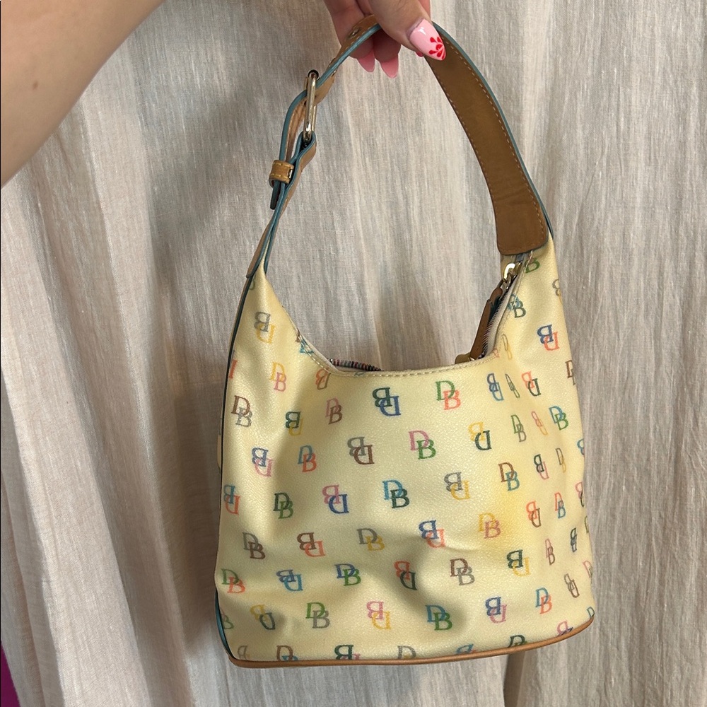 Dooney & Bourke Cream Multicolor DB Logo Hobo with Tan Trim - Picture 2 of 6